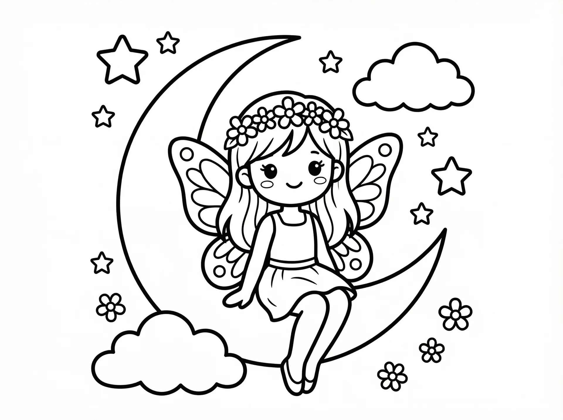 涂色线稿 - 坐在弯月上的蝴蝶翅膀花冠精灵少女