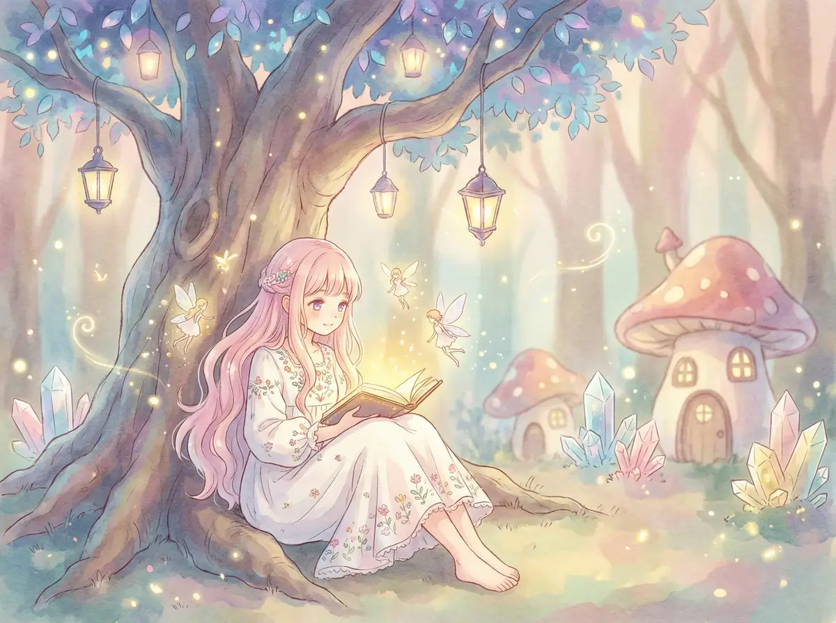 萝莉岛 故事插画 - 魔法森林中坐在古树下阅读发光故事书的粉发少女