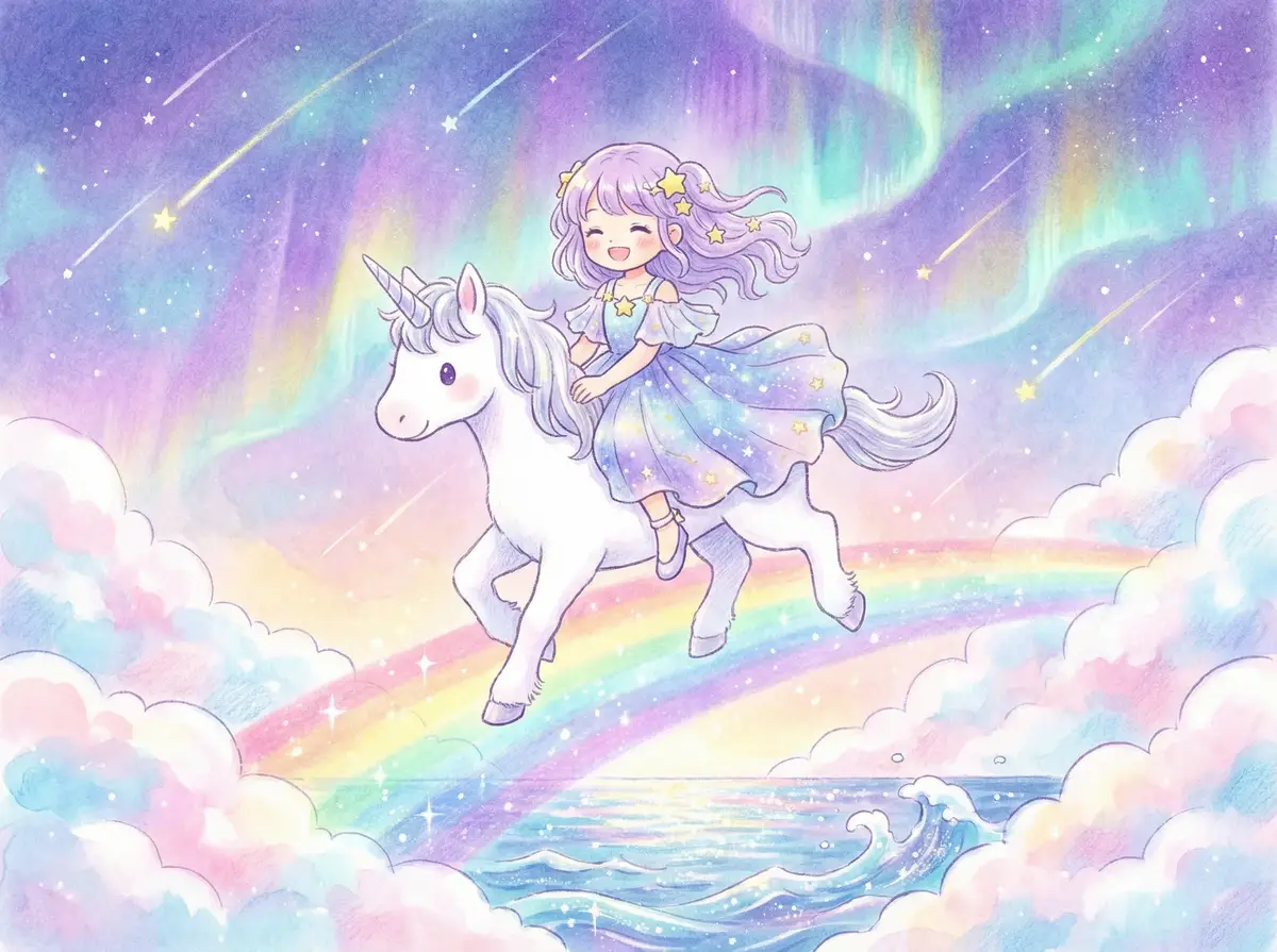 花间鹿作品 - 彩虹桥上的独角兽少女